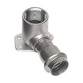 Nirosan press dækvinkel 15 mm x 1/2''. 90° muffe-muffe. Rustfrit/Syrefast stål. M & V bakke